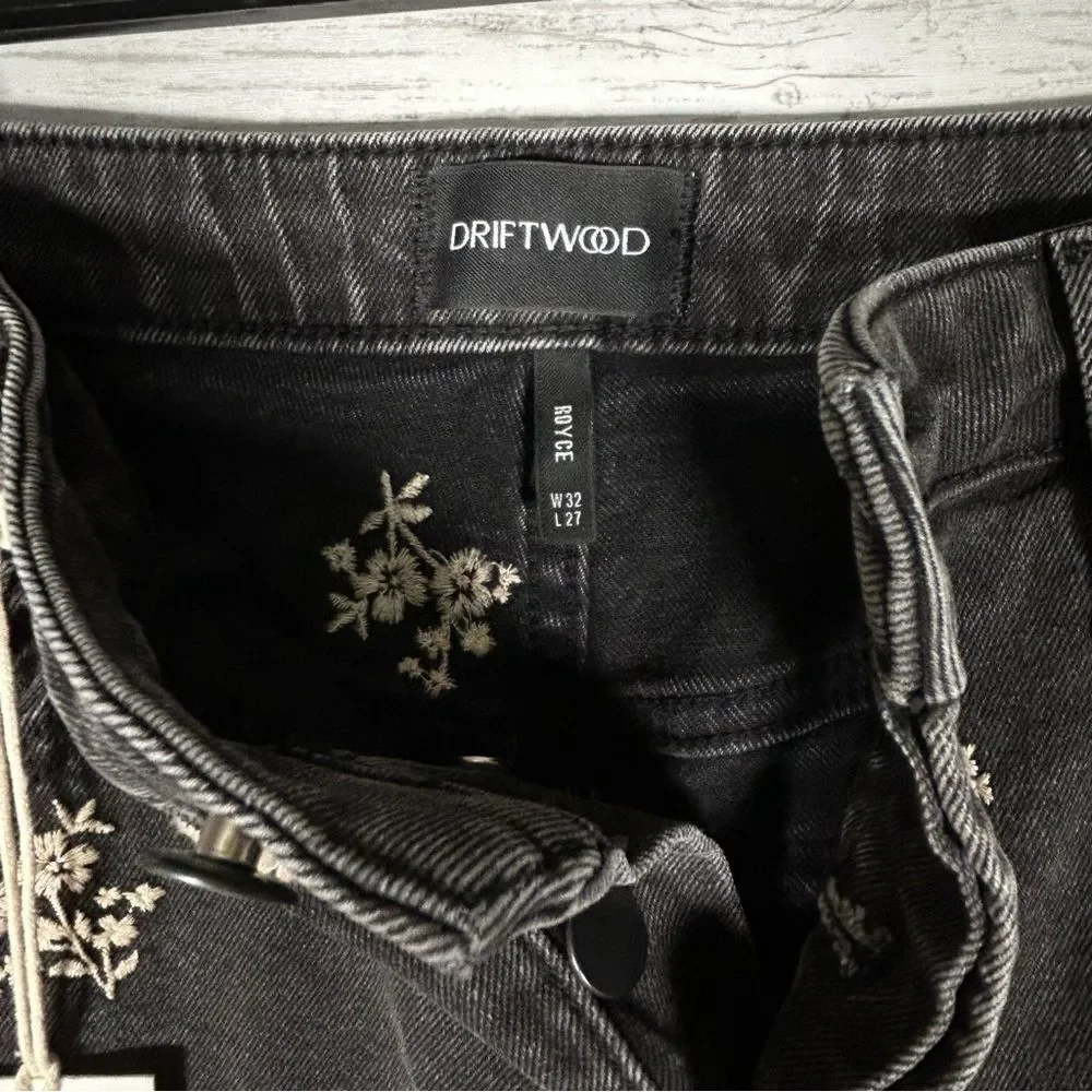 Driftwood Jeans Black Royce Clover Embroidered Button fly Raw Hem 32x26 NWT - Picture 7 of 10
